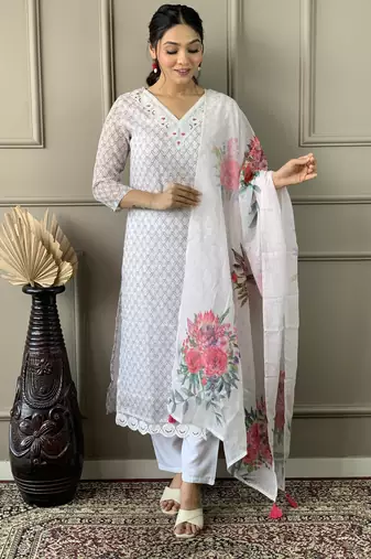 Beautifully off white colour linen cotton fabric girlie partywear embroidered suit