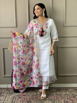 Beautifully off white colour chanderi fabric girlie partywear embroidered suit 1