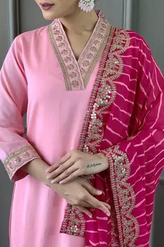 Beautifully pink colour viscosee silk fabric girlie partywear embroidered suit