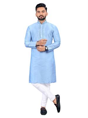 Sky blue plain silk cotton straight kurta 1