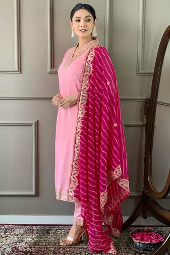 Beautifully pink colour viscosee silk fabric girlie partywear embroidered suit