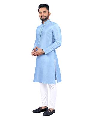 Sky blue plain silk cotton straight kurta 2