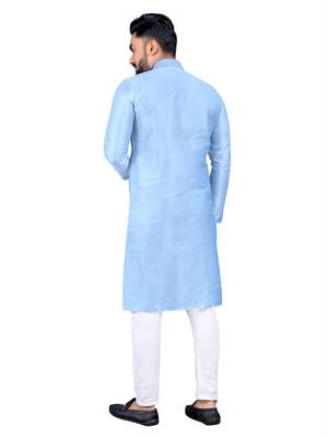 Sky blue plain silk cotton straight kurta 3