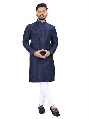 Navy blue plain silk cotton straight kurta 1