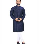 Navy blue plain silk cotton straight kurta