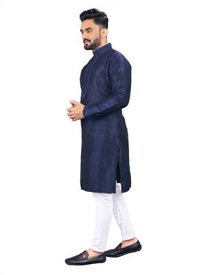 Navy blue plain silk cotton straight kurta 2
