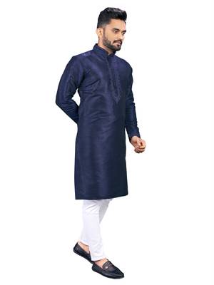 Navy blue plain silk cotton straight kurta 3