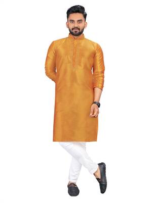 Orange plain silk cotton straight kurta 1