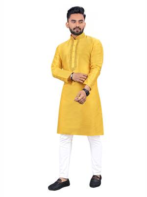 Yellow plain silk cotton straight kurta 1