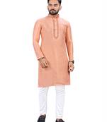 Peach plain silk cotton straight kurta