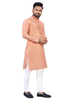 Peach plain silk cotton straight kurta 3