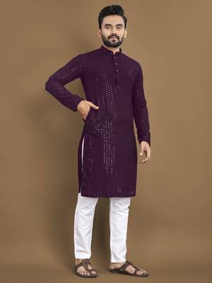 Purple embroidered rayon cotton straight kurta with payjama 1