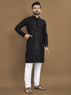 Black embroidered rayon cotton straight kurta with payjama 1