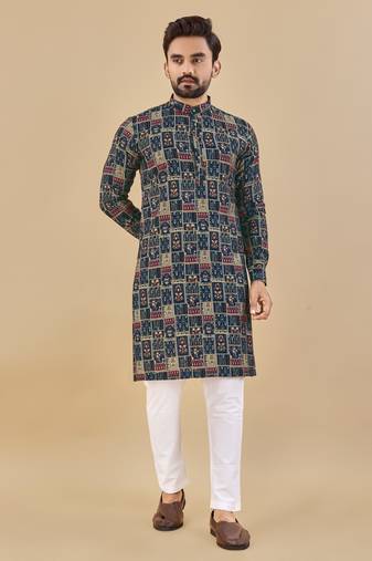 Navy blue printed soft cotton straight kurta