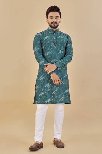 Teal green printed soft cotton straight kurta
