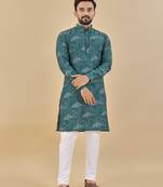 Teal green printed soft cotton straight kurta