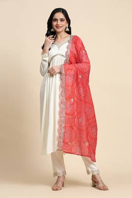 Trendmalls Women's Cotton Embroidery Work Salwar Suit with Bandhani Print Dupatta Set 3