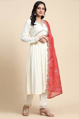 Trendmalls Women's Cotton Embroidery Work Salwar Suit with Bandhani Print Dupatta Set 4