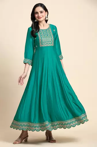 Trendmalls  Art Silk Embroidery Salwar Suit Set A line Pleated Kurta Pant with Dupatta