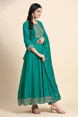 Art Silk Embroidery Salwar Suit Set A line Pleated Kurta Pant with Dupatta 4