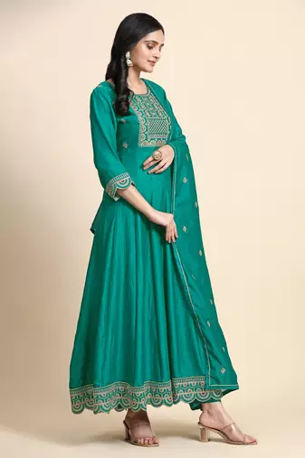 Trendmalls  Art Silk Embroidery Salwar Suit Set A line Pleated Kurta Pant with Dupatta