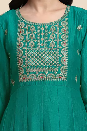 Trendmalls  Art Silk Embroidery Salwar Suit Set A line Pleated Kurta Pant with Dupatta