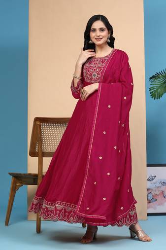 Women's Art Silk Pink Embroidery Salwar Suit Kurta Pant with Dupatta Set