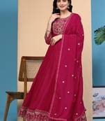 Women's Art Silk Pink Embroidery Salwar Suit Kurta Pant with Dupatta Set