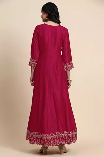 Trendmalls Women's Art Silk Pink Embroidery Salwar Suit Kurta Pant with Dupatta Set