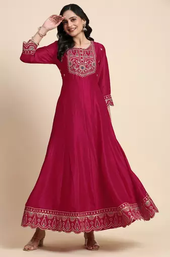 Trendmalls Women's Art Silk Pink Embroidery Salwar Suit Kurta Pant with Dupatta Set