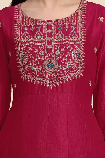Trendmalls Women's Art Silk Pink Embroidery Salwar Suit Kurta Pant with Dupatta Set