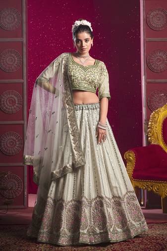 Light Green Silk Blend Sequins Designer Embroidered Thread Work Lehenga Choli
