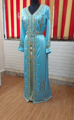 Cyan inner light gold color Full Sleeves Handmade Moroccan Kaftan 1