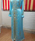 Cyan inner light gold color luxurious Full Sleeves Handmade Moroccan Kaftan.