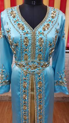 Cyan inner light gold color Full Sleeves Handmade Moroccan Kaftan 2
