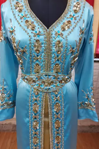 Cyan inner light gold color Full Sleeves Handmade Moroccan Kaftan