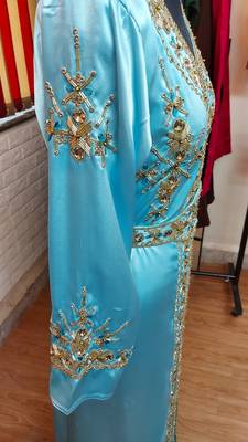 Cyan inner light gold color Full Sleeves Handmade Moroccan Kaftan 3