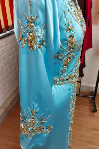 Cyan inner light gold color Full Sleeves Handmade Moroccan Kaftan