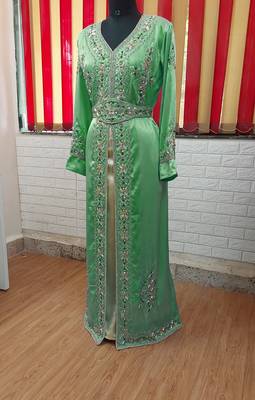 Dark Green inner light gold color Full Sleeves Handmade Moroccan Kaftan 1