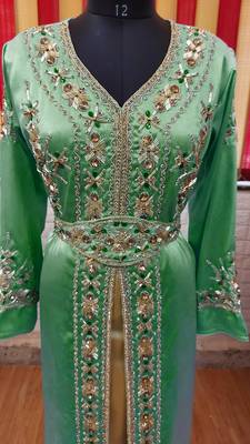 Dark Green inner light gold color Full Sleeves Handmade Moroccan Kaftan 2