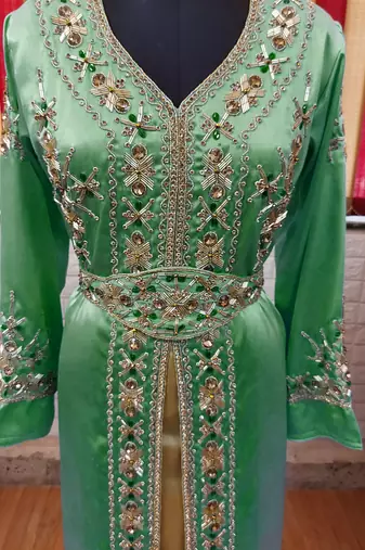 Dark Green inner light gold color Full Sleeves Handmade Moroccan Kaftan