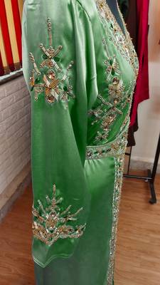 Dark Green inner light gold color Full Sleeves Handmade Moroccan Kaftan 3