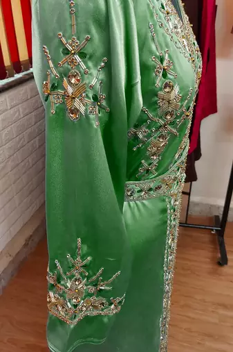 Dark Green inner light gold color Full Sleeves Handmade Moroccan Kaftan