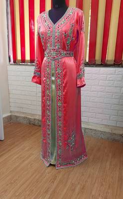 Maroon inner light gold color Full Sleeves Handmade Moroccan Kaftan 1
