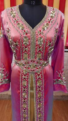 Maroon inner light gold color Full Sleeves Handmade Moroccan Kaftan 2