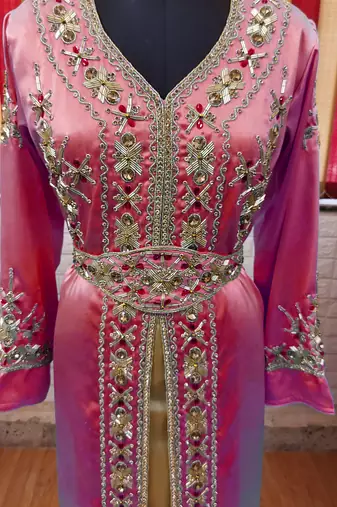 Maroon inner light gold color Full Sleeves Handmade Moroccan Kaftan