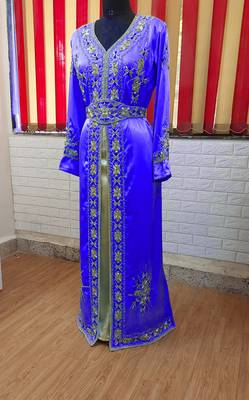 Royal Blue inner light gold color Full Sleeves Handmade Moroccan Kaftan 1