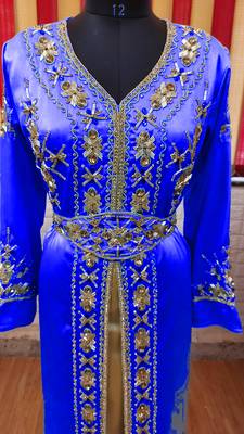 Royal Blue inner light gold color Full Sleeves Handmade Moroccan Kaftan 2