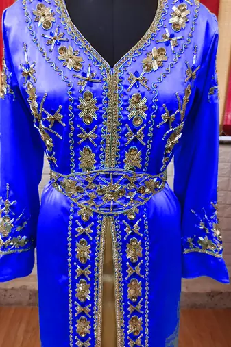 Royal Blue inner light gold color Full Sleeves Handmade Moroccan Kaftan