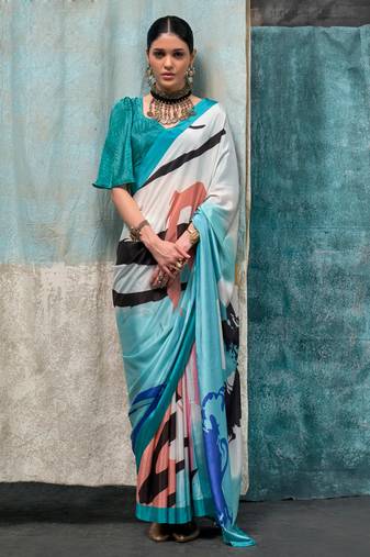 Multicolor Crepe Digital Print Saree With Blouse
